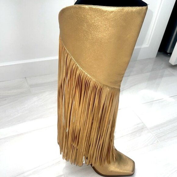 Jessica Simpson Metallic Gold Fringed Knee High Cowboy Boots Size 9 - Picture 4 of 9